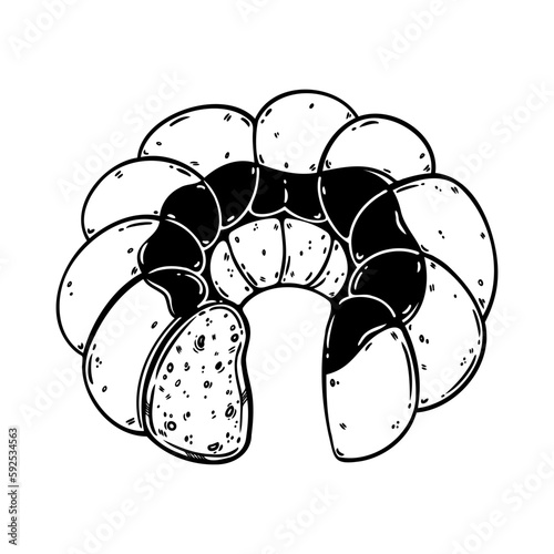 Gugelhupf sponge cake vector illustration. Traditional German pie with biscuit dough and glaze. Delicious ring pastry. Sweet dessert, food sketch isolated on white. Clipart for menu, Easter, web