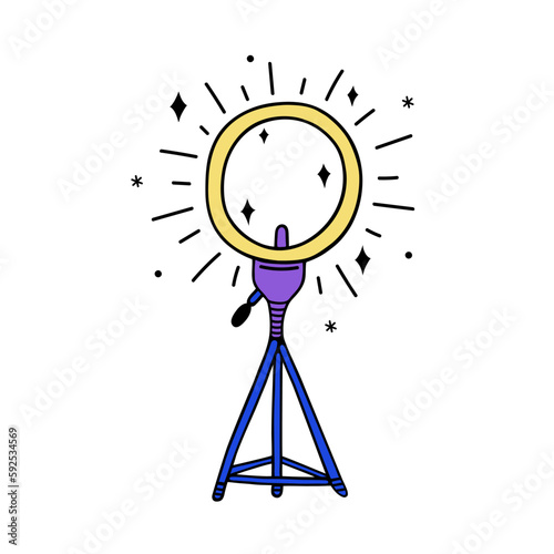 Studio ring lamp vector icon. Round led on a tripod. Gadget for selfie, streaming, blogging, beauty. Bright glowing device. Illustration isolated on white. Flat cartoon clipart for logo, apps, web