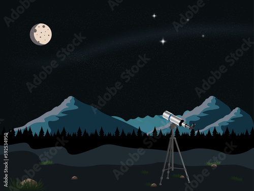 Explore the Universe: Celebrate Astronomy Day. Night landscape of a telescope in the foreground, mountains and trees in the background, and stars and the moon in the sky.