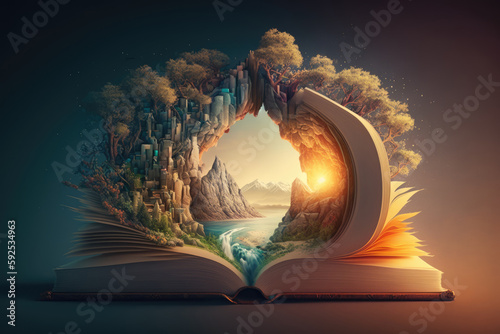 Open book. Fairy tale, Magic book. Book of fairy tales. Fairyland book with magical stories and adventures. Fantastic reading world. Reading and imagination. World Book Day. Generative ai illustration