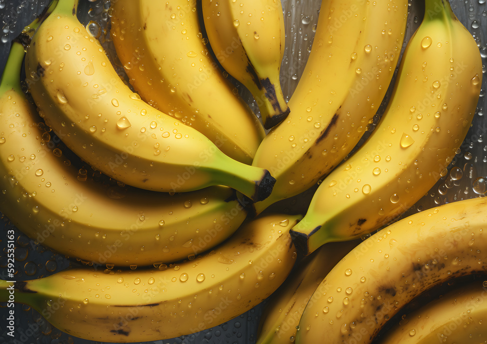 A bunch of bananas with water droplets on them. The bananas are yellow and are arranged in a row