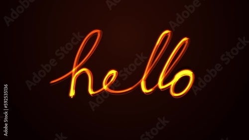 Neon Orange Hello Text Animation. Abstract Background. 4K