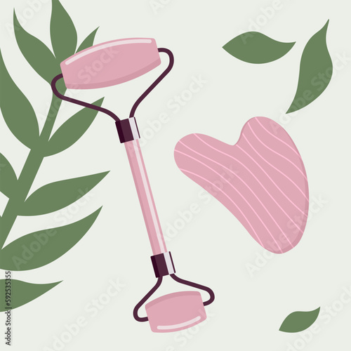 Gua Sha And Jade Roller For Face Massage. Skin Care Pink Tools For Women. Vector Flat Illustration 