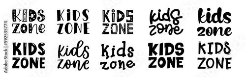 Kids zone. Banner for childrens playroom decoration. Kids zone vector cartoon logo badges. Game room signboard. Child playing zone vector illustration set. Playroom area. Baby and kids zone game text.