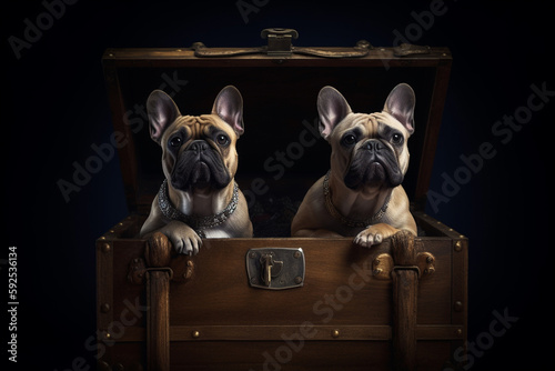 Two cute French Bulldogs sat in an old chest