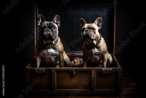 Two cute French Bulldogs sat in an old chest