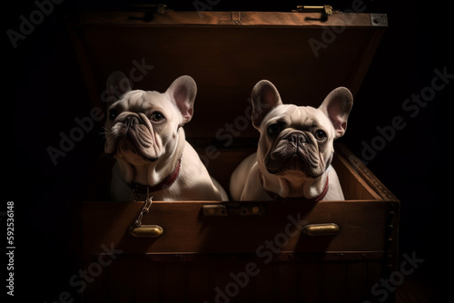 Two cute French Bulldogs sat in an old chest