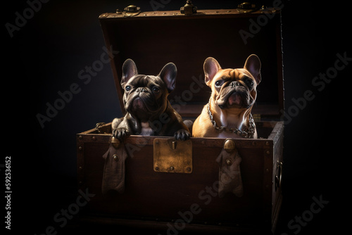 Two cute French Bulldogs sat in an old chest