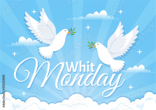 Whit Monday Vector Illustration with a Pigeon or Dove for Christian Community Holiday of the Holy Spirit in Flat Cartoon Hand Drawn Templates