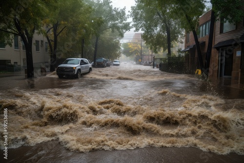 flash flood rushing down the street, carrying debris and causing damage, created with generative ai photo