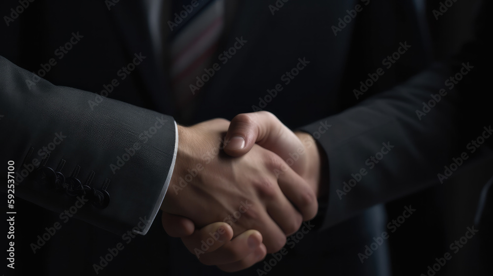 Close up shot of shaking hands of two business people. Generative AI.