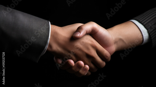 Close up of skaing hands of two business people. Generative AI.