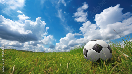 Black and white soccer ball lying on green grass on the play field under the blue sky with white fluffy clouds. Generative AI. © Markus
