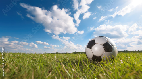 Soccer ball lying on green grass under the blue sky of the summer. Generative AI. © Markus
