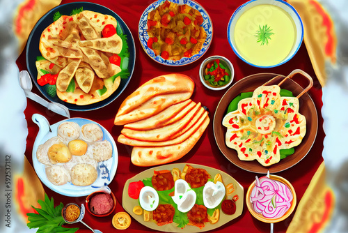 A large laid table of different dishes for the whole family on a day off. Generative Ai
