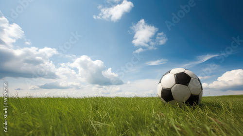 Black and white ball for playing soccer lying on green grass of the play field. Generative AI.