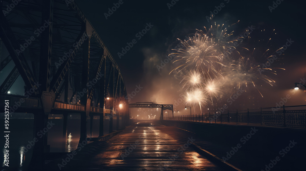 Beautiful impressive fireworks at new year day. Generative AI. Beautiful impressive fireworks at new year day. Generative AI.