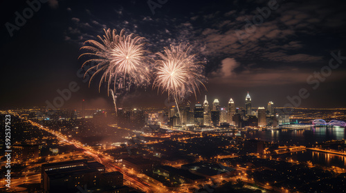 Impressive fireworks with several lights over the skyline of a big city. Generative AI.