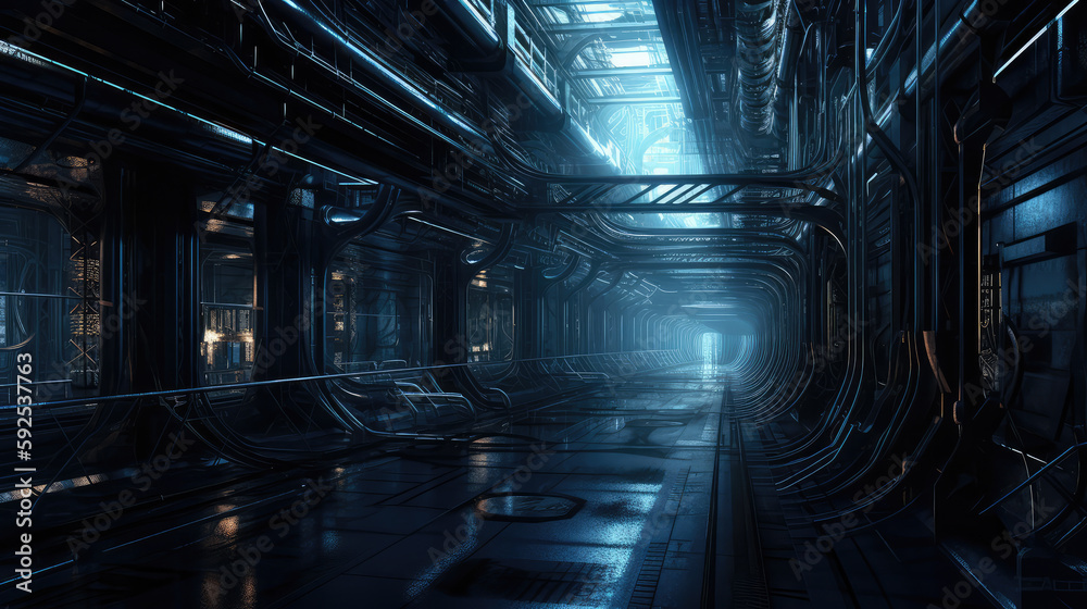 Futuristic industrial background with blue led light. Generative AI. Futuristic industrial background with blue led light. Generative AI.