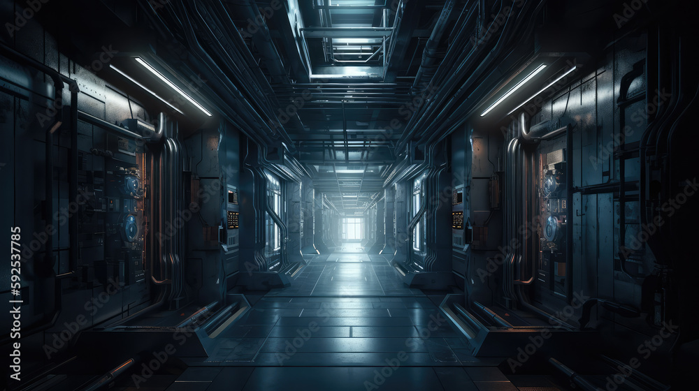 Industrial futuristic background with blue light. Generative AI. Industrial futuristic background with blue light. Generative AI.