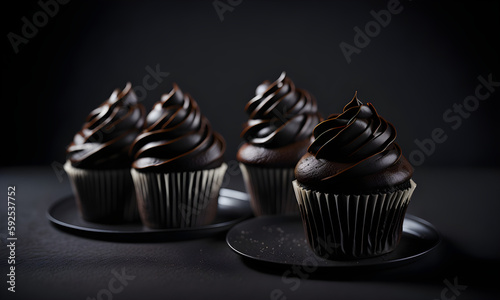 cupcakes dark chocolate sugar butter sour cream condenced milk side view, chocolate cupcakes, chocolate cupcakes on black background, Generative AI photo