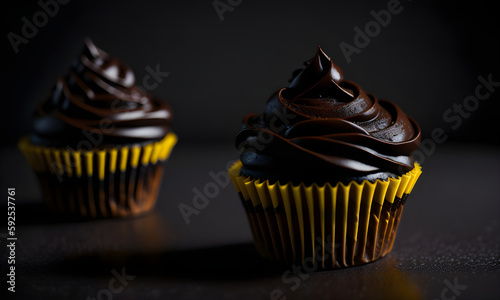 cupcakes dark chocolate sugar butter sour cream condenced milk side view, chocolate cupcakes, chocolate cupcakes on black background, Generative AI photo