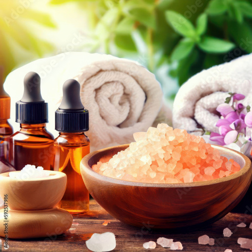 Spa beauty items on a table, massage stones, essential oils, salt, generative ai