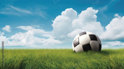 Single ball for soccer lying on the green grass of the soccer field under a summer sky. Generative AI. © Markus