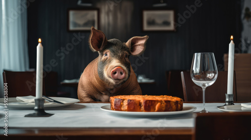 Pig is sitting at a wooden table with a dinner on top as a symbol for vegetarian or vegan food and animal rescue. Generative AI.