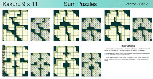 5 Kakuro 9 x 11 Sum Puzzles. A set of scalable puzzles for kids and adults, which are ready for web use or to be compiled into a standard or large print activity book.
