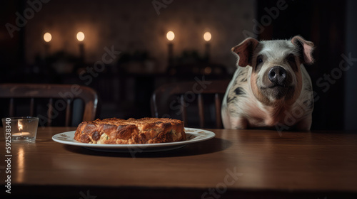 Adult pig is sitting at a table with a dinner on top as a symbol for animal rescue and anbimal rights and vegetarian food. Generative AI.