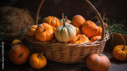 Basket full of pumpkins ready for halloween. Generative AI.