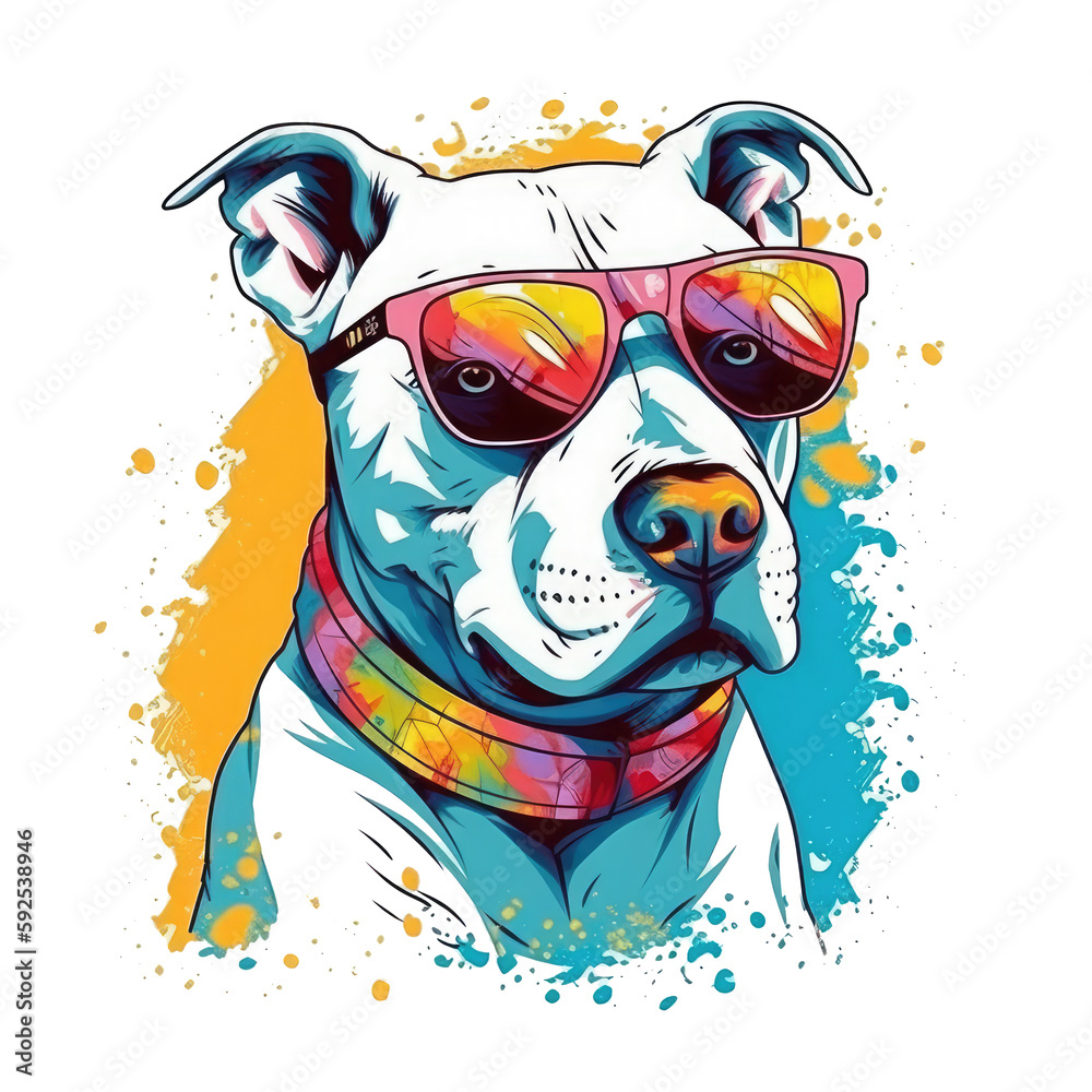 American Pit Bull Terrier T-shirt Vector Illustration, Cute happy dog, wearing sunglasses, Printable design for wall art, mugs, cases, etc.
