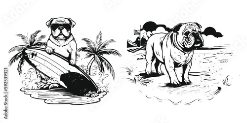 A beach loving bulldog catching some waves on a surfboard.Illustration of T-shirt design graphic.