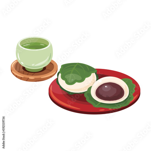お茶　柏餅　こしあん　断面　緑色の葉