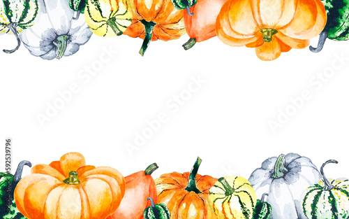 Pumpkins watercolor horizontal border. Watercolor  of bright pumpkins on white background