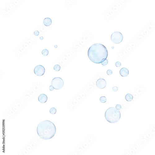 Watercolor drawn set of wide streams of bubbles rising up on white background. Transparent realistic picture for illustration, stickers, logo, textile printing, pattern, rapport