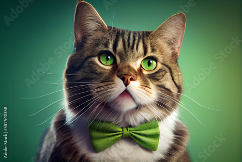 Funny cat with bow tie over green background. Generative ai