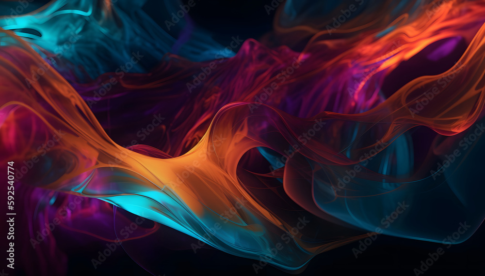 Abstract chaotic cyan, orange, and purple dynamic neon smooth lines background, Cyan, Orange, and Purple Dynamic Colors, Generative AI