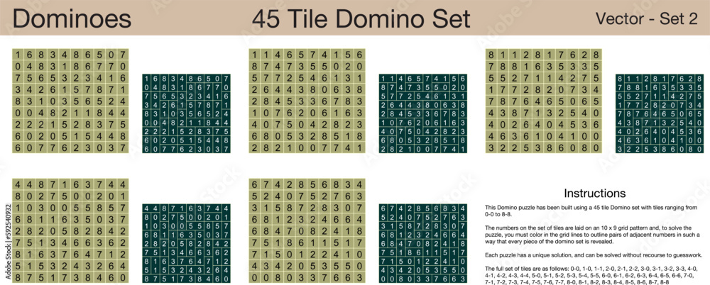 5 45 Tile Dominoes Puzzles. A set of scalable puzzles for kids and adults, which are ready for web use or to be compiled into a standard or large print activity book.