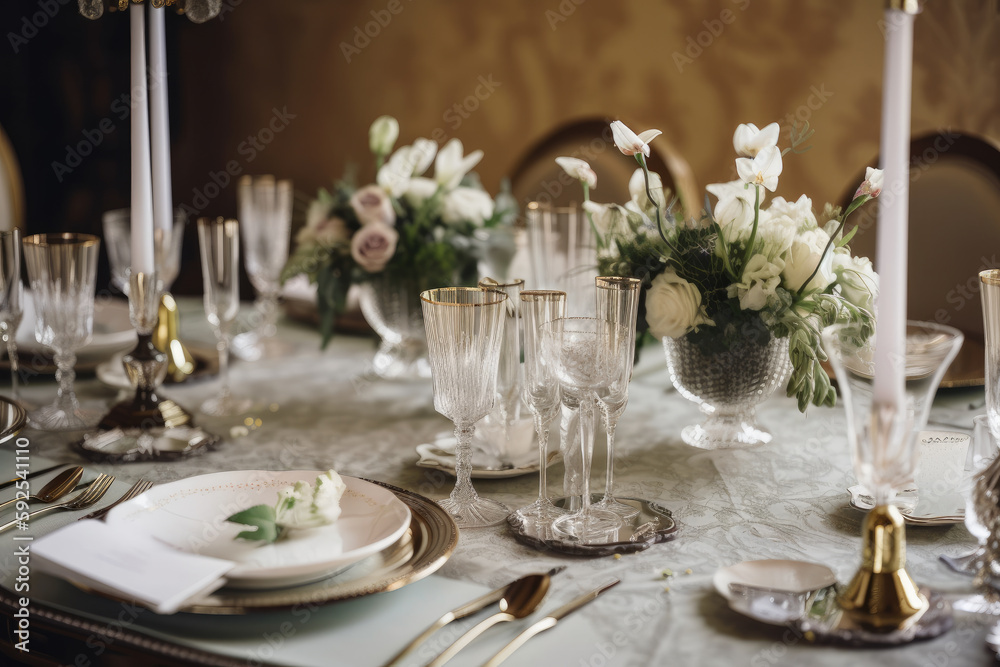 Beautiful table set for an event party or wedding reception. restaurant interior. Generative AI Beautiful table set for an event party or wedding reception. restaurant interior. Generative AI