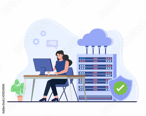 Women working on computer and doing technical work with server concept of cloud computing, data center, file management, system administration.