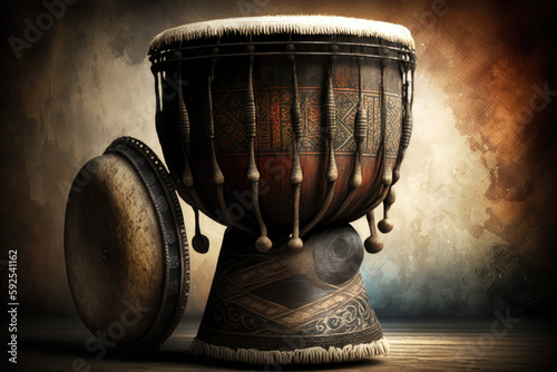 african national musical instrument djembe isolated on dark background. Generative AI photo
