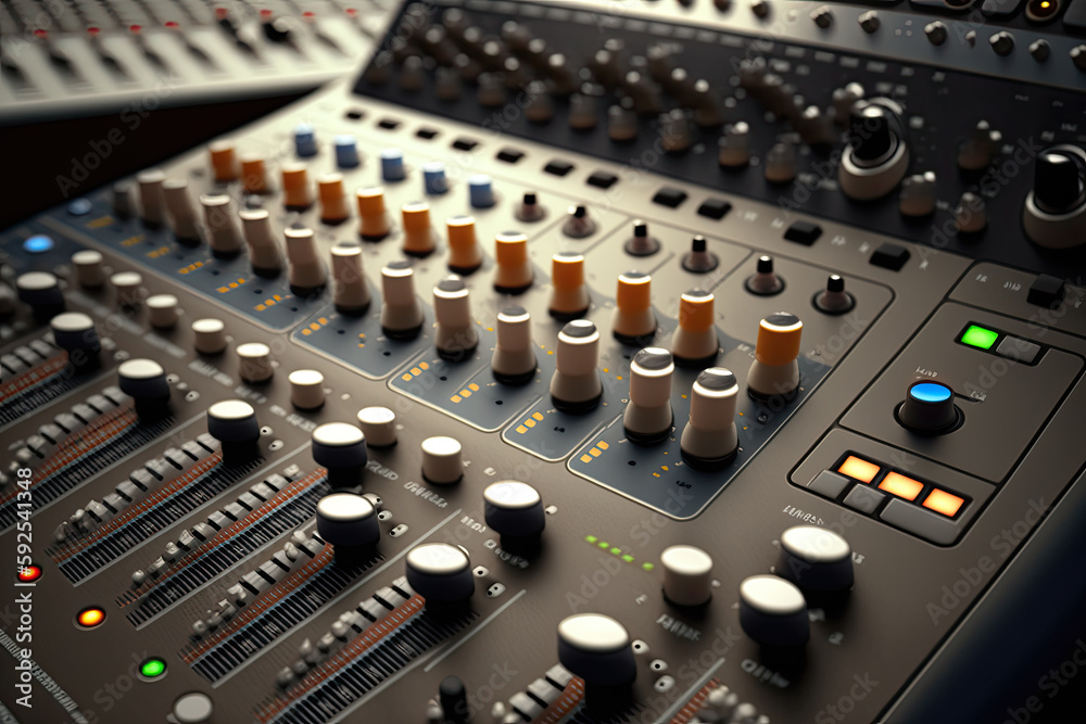 music studio mixer closeup. Generative AI