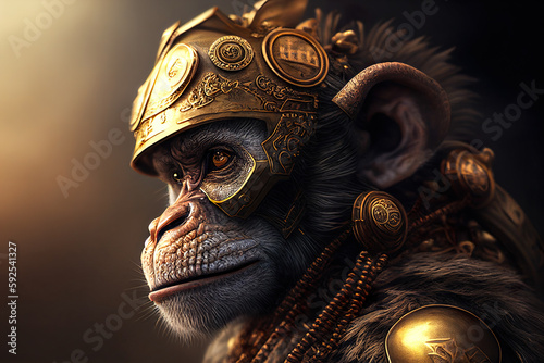 Monkey Portrait Illuminated By The Sun With Helmet And Golden Necklace - Generative AI