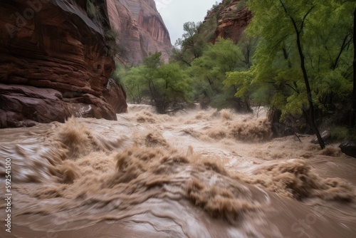 flash flood rushing through a canyon, with the water overflowing its banks, created with generative ai photo