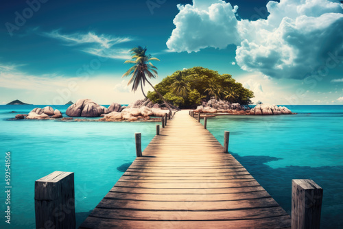 view of a jetty in the caribbean that leads to a beautiful island. clean clear water. beach vacation concept in summer. Generative AI