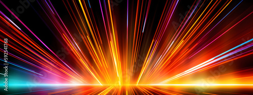 Spectrum Explosion, colorful light rays fanning out against a deep black background, evoking the energy and dynamism