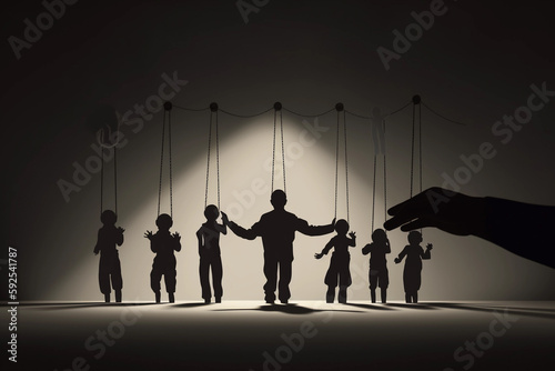 Gaslighting Manipulation concept silhouette of a puppet with a hand reaching towards a hand AI generation photo