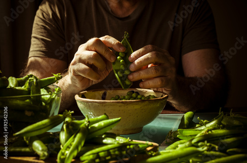 Closeup of hands peeling green peas